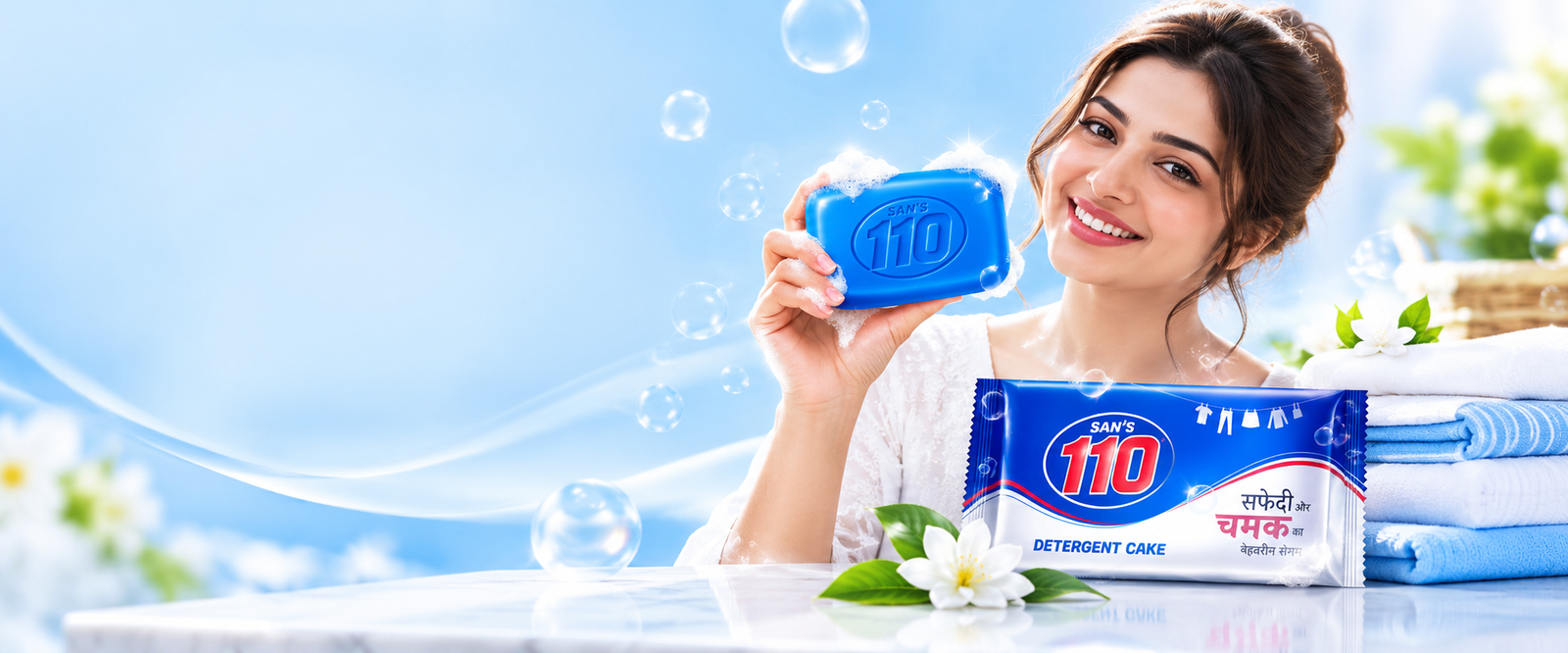 SAN'S 110 blue detergent cake with fresh clean laundry